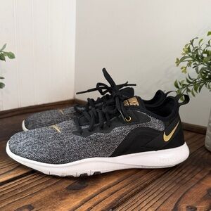Nike Flex TR9 Black and White Training Sneakers with Gold Accents